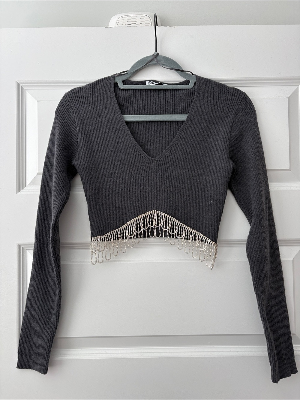 NEVER WORN! Charcoal V-Neck Cropped Sweater with Rhinestone Fringe